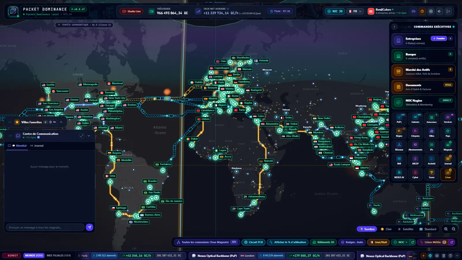 Vue d'ensemble de la carte du monde de Packet Dominance avec ses villes et ses câbles