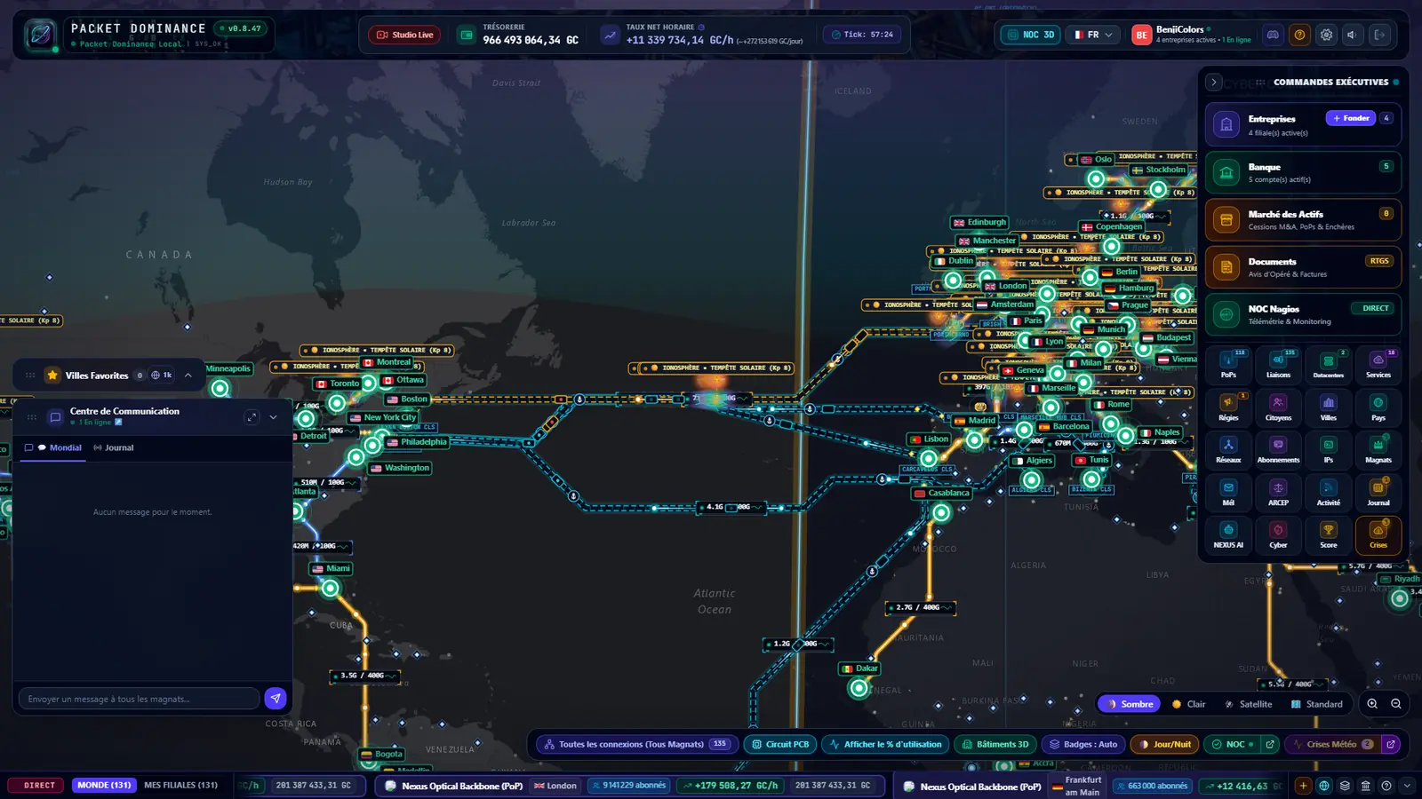 Faisceau de câbles transatlantiques sur la carte de Packet Dominance
