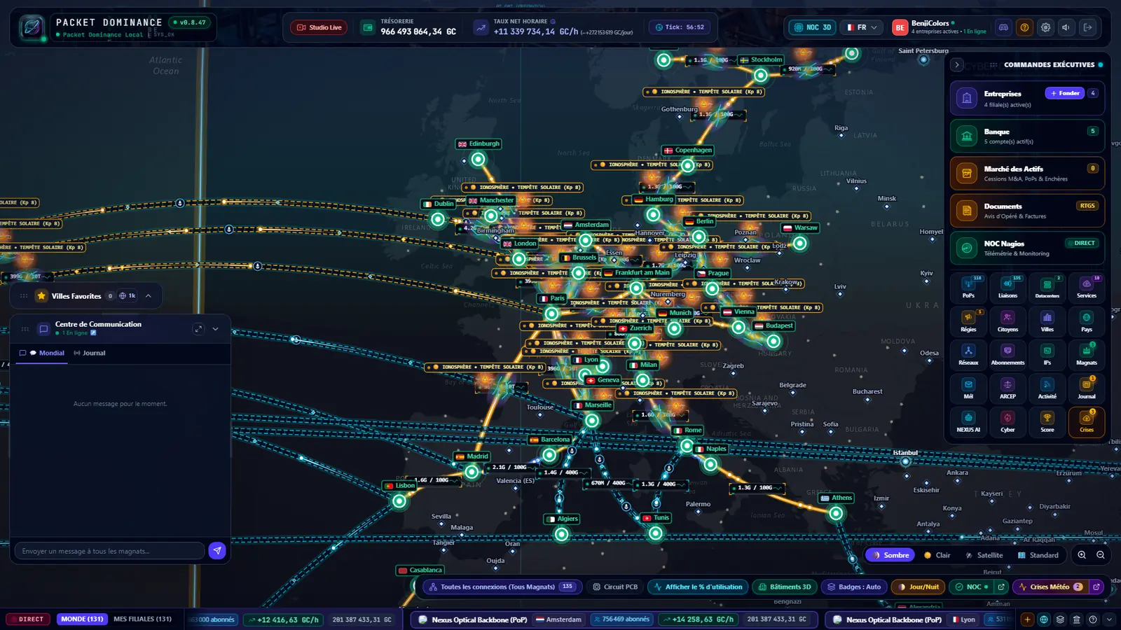 Carte de Packet Dominance en mode circuit imprimé, avec le réseau de fibre européen et le volet des commandes exécutives